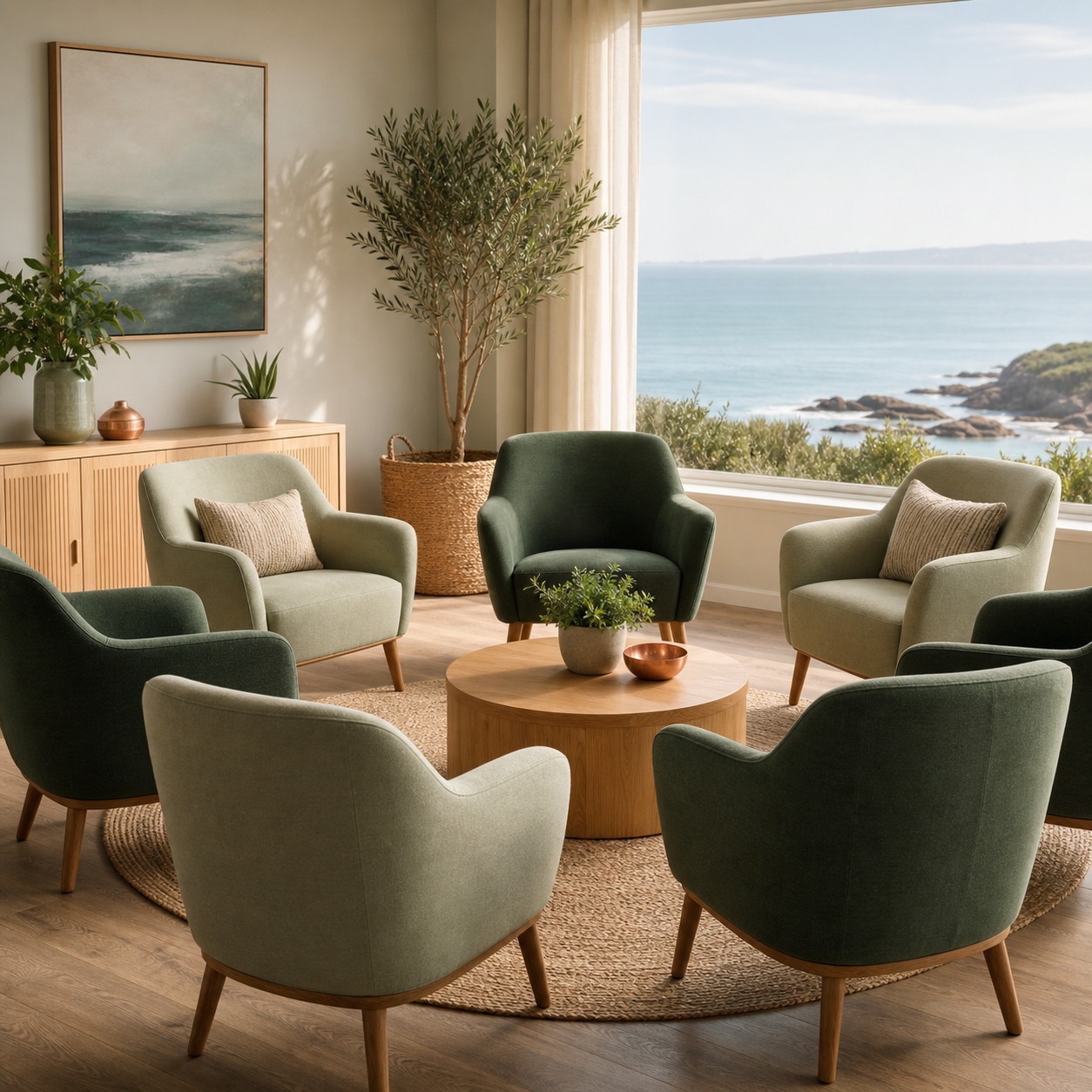 A welcoming circle of chairs in a sunlit coastal room overlooking the Pacific