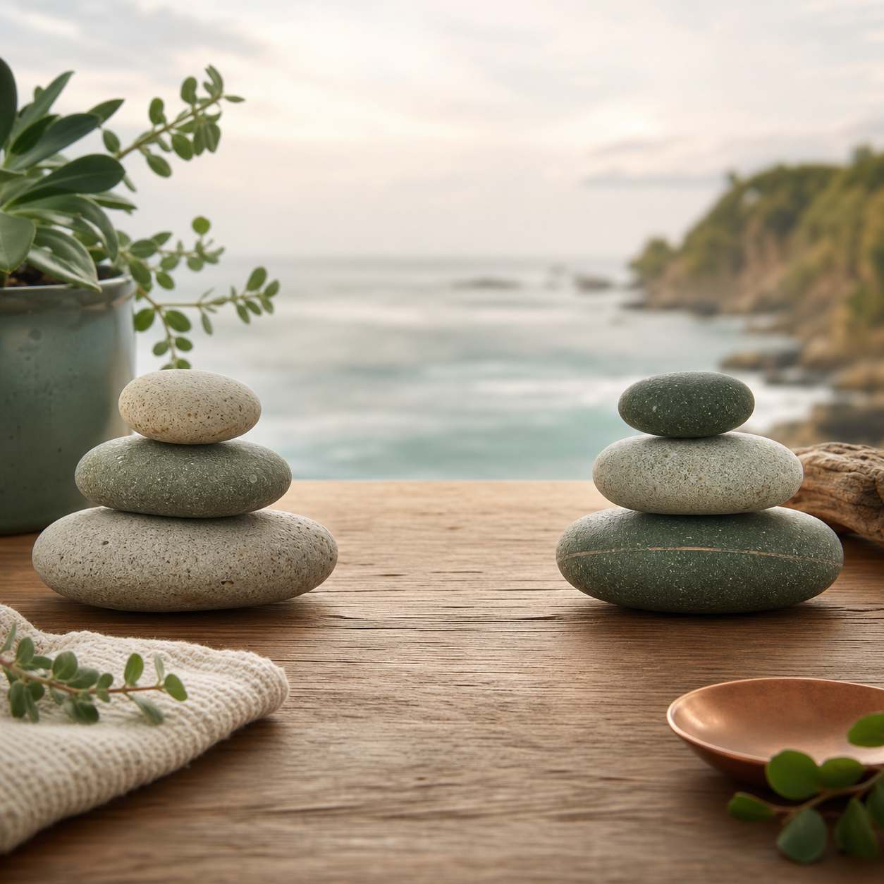 Balanced stones beside coastal greenery and the Pacific Ocean