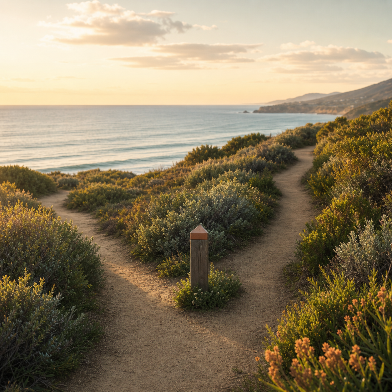 A coastal path dividing at a quiet fork near the Pacific Ocean