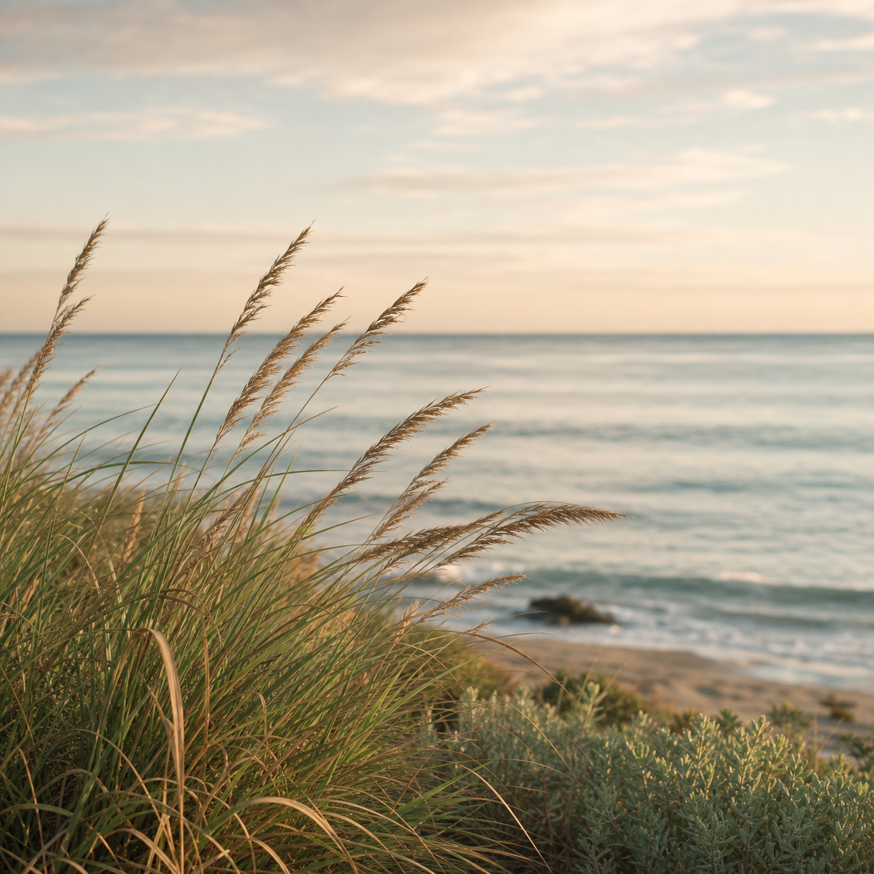 Coastal grasses beside a calm Pacific shoreline
