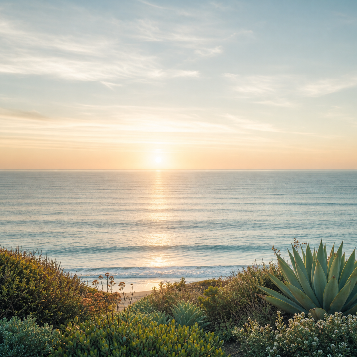 A balanced horizon over calm Pacific Ocean water