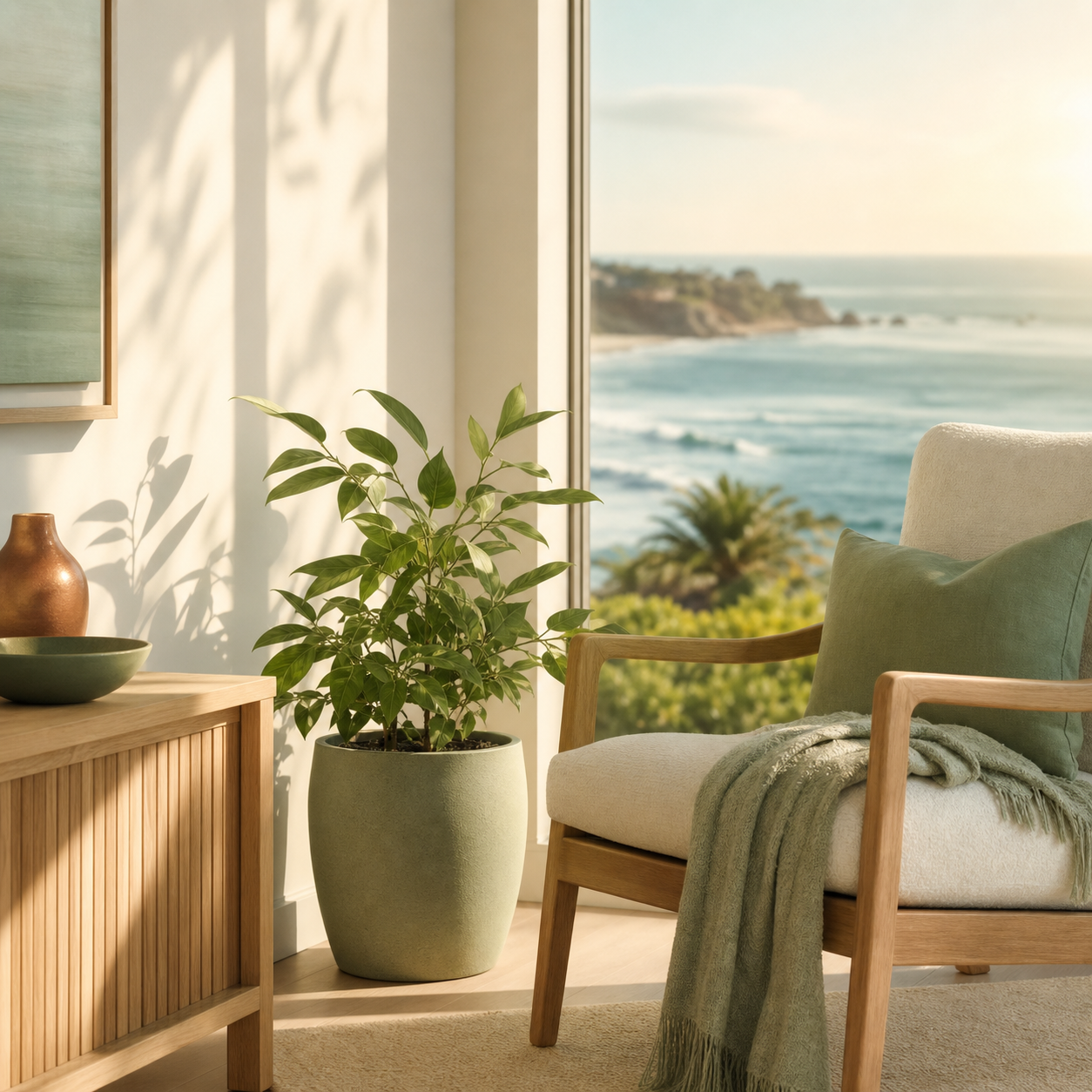 A sunlit coastal room with a green plant and ocean view