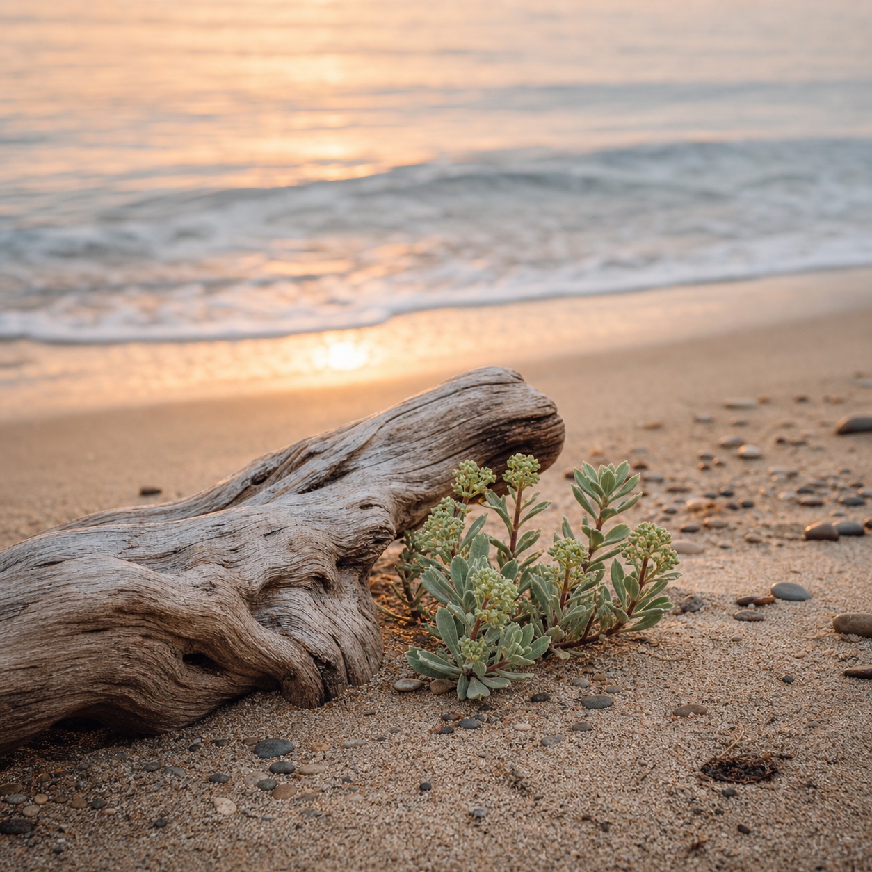Driftwood and coastal greenery beside gentle Pacific waves