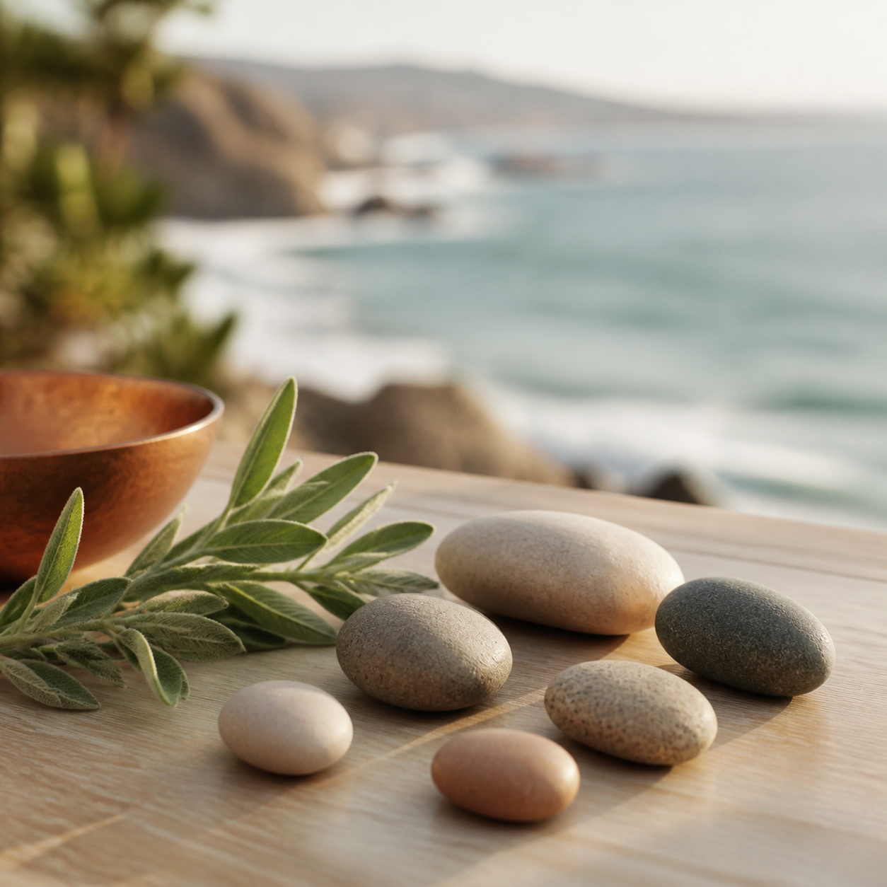 Smooth coastal stones and sage beside an ocean view