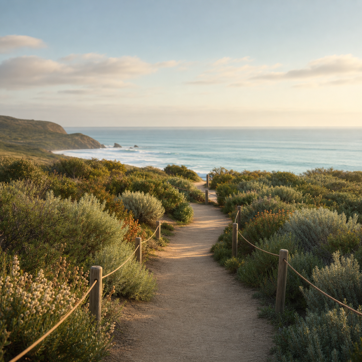 A protected coastal path leading toward the Pacific Ocean