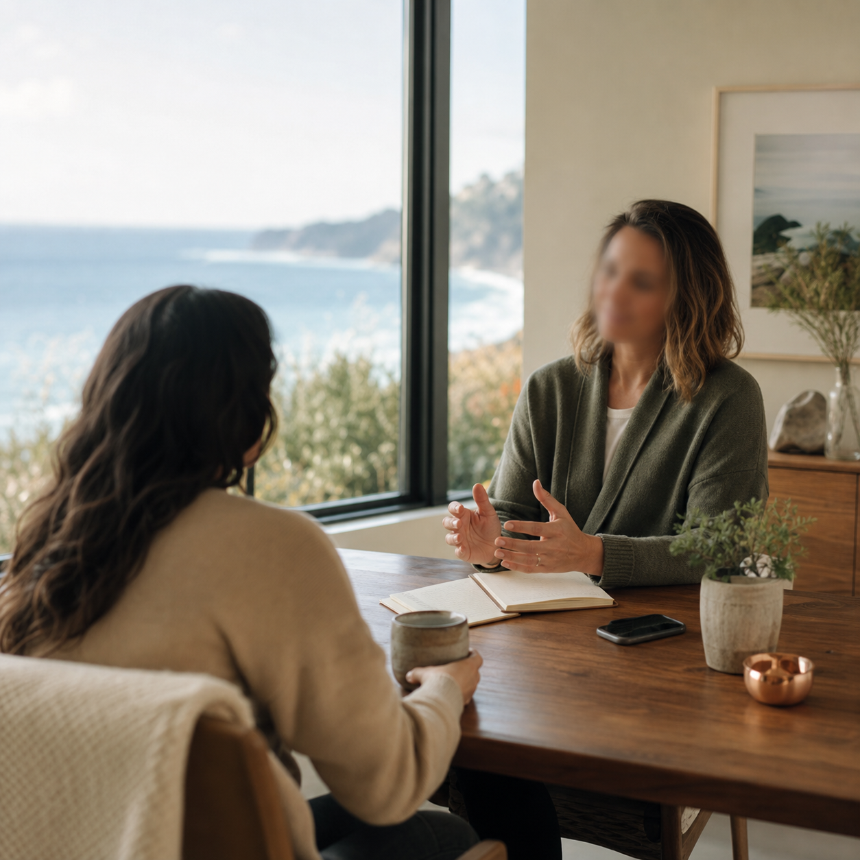 A prospective client speaking with a welcoming admissions professional beside a Pacific Ocean view