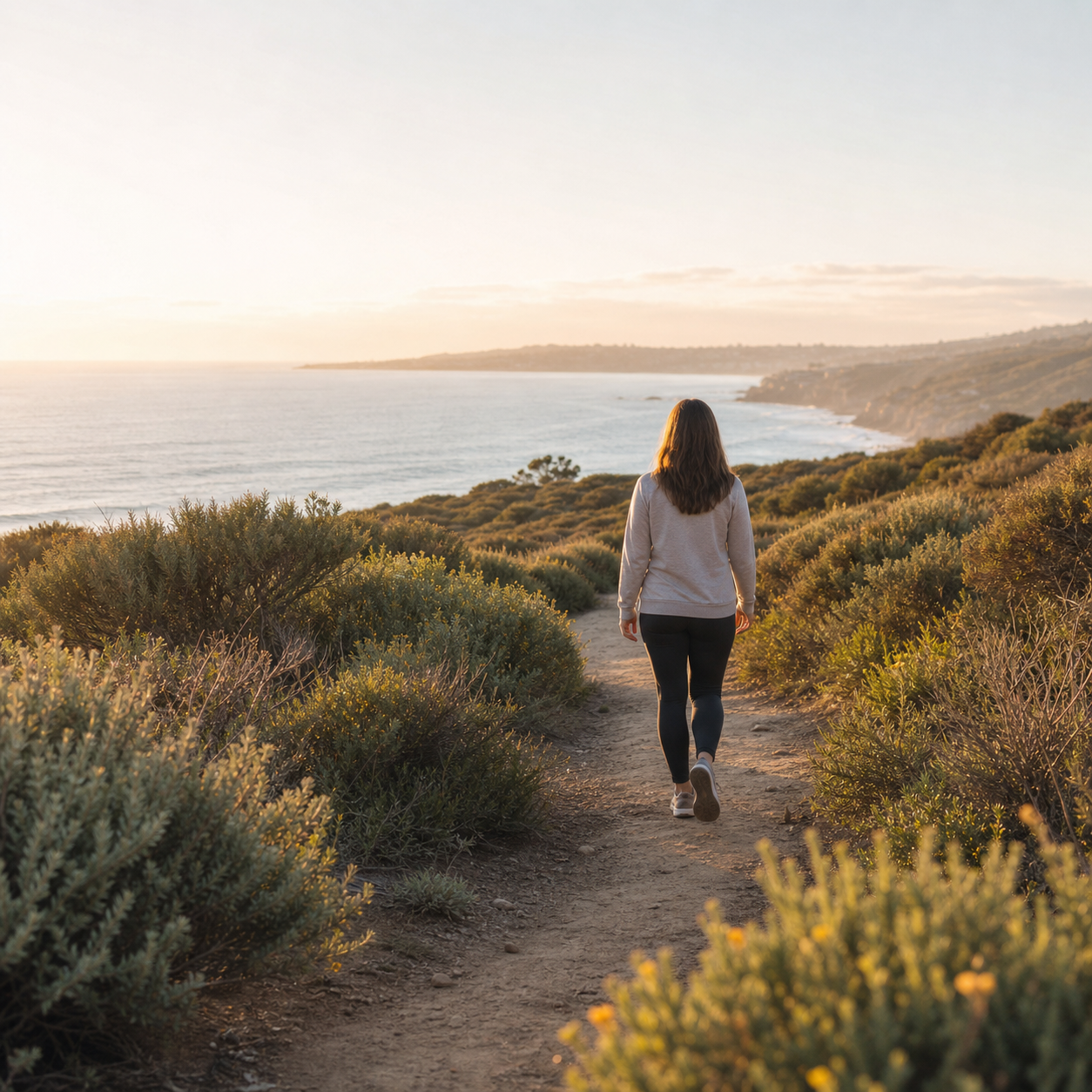 An adult walking a coastal path toward warm sunlight and the Pacific Ocean