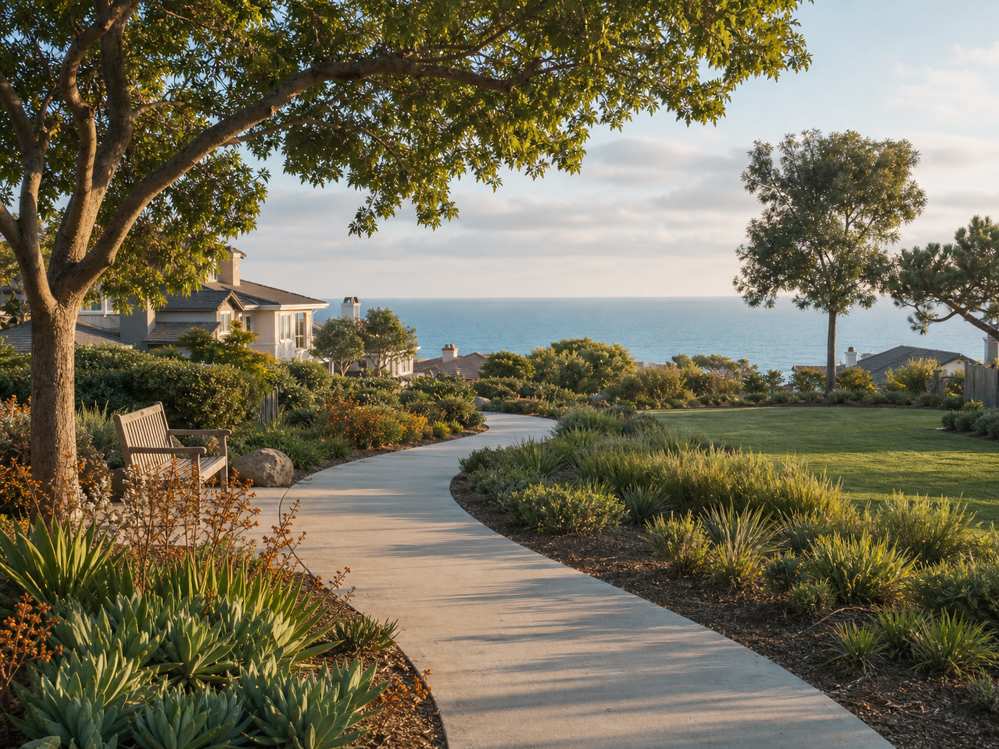 A landscaped coastal community walkway with the Pacific Ocean in the distance