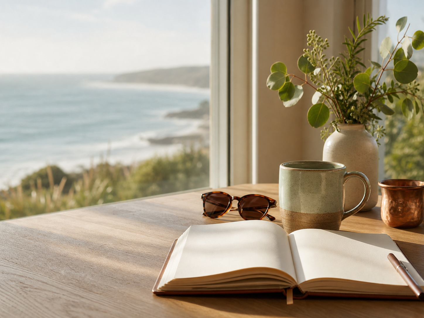 A journal and morning coffee beside a window overlooking the Pacific Ocean