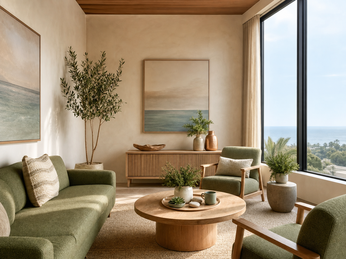 A calm sage-green consultation lounge with natural wood and an ocean view