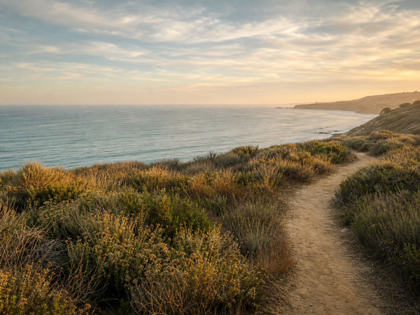 A peaceful walking path through coastal sage scrub beside the Pacific Ocean
