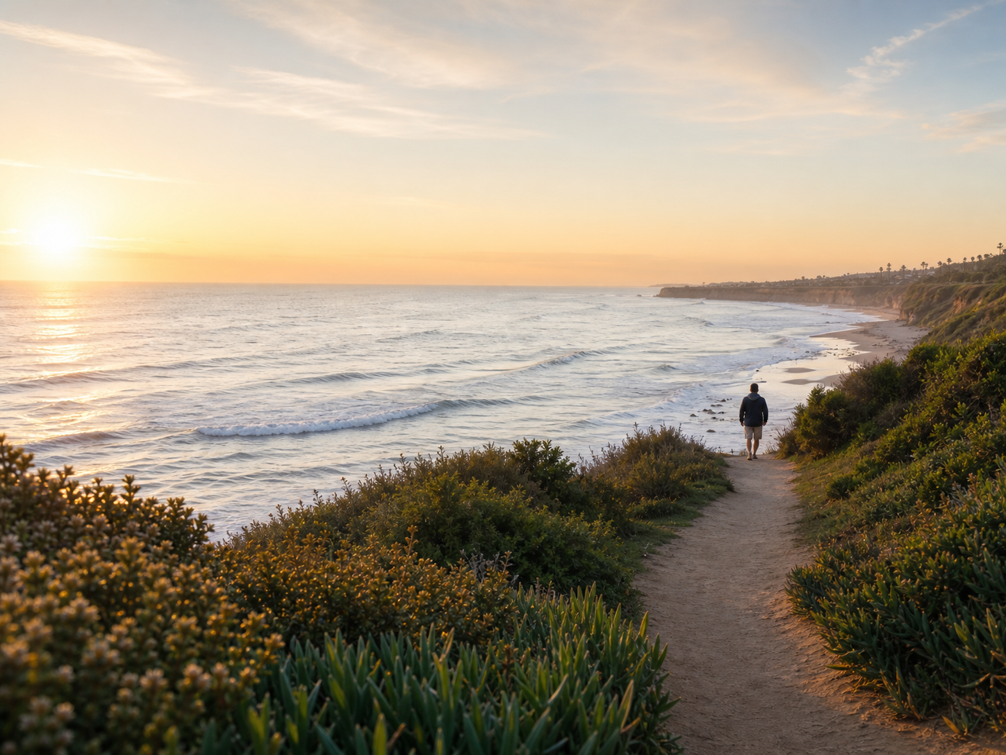 A quiet Orange County coastal path leading toward the Pacific Ocean