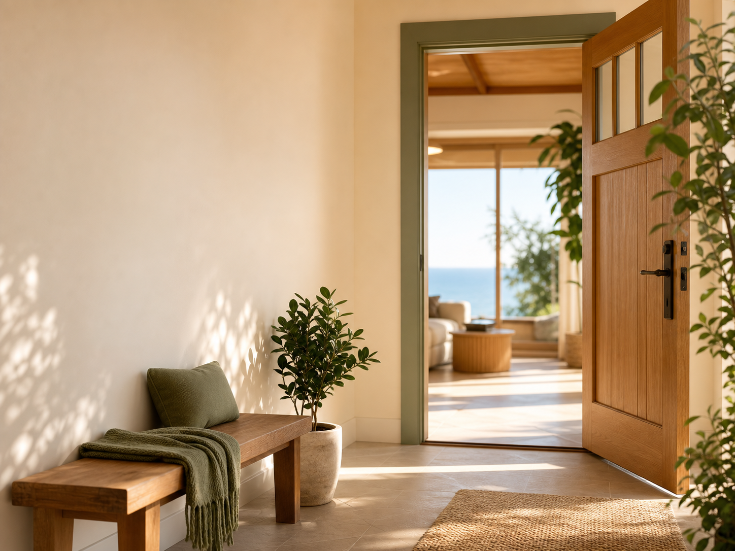 A welcoming coastal-modern entryway with an open door and ocean light beyond