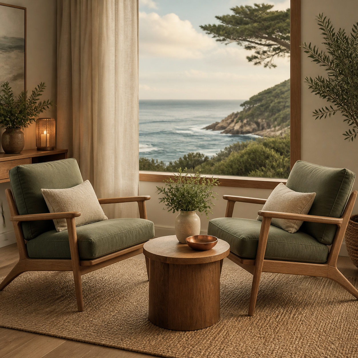 Two welcoming chairs in a coastal room with an ocean view