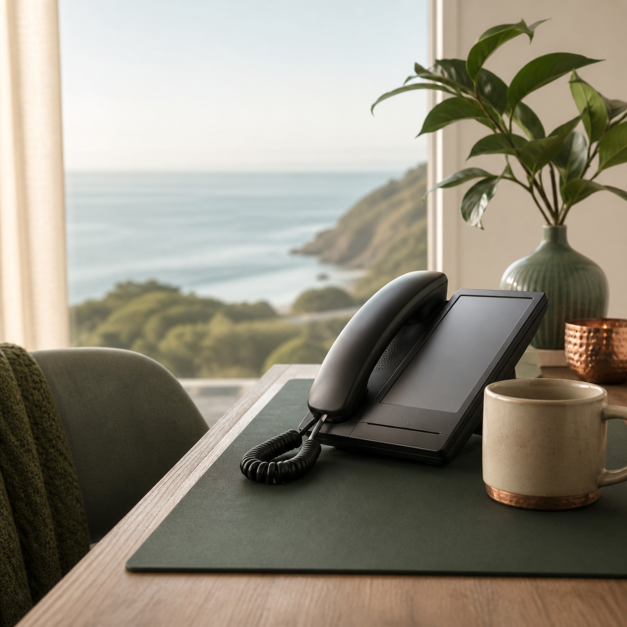 A phone and notebook on a quiet desk overlooking the Pacific Ocean