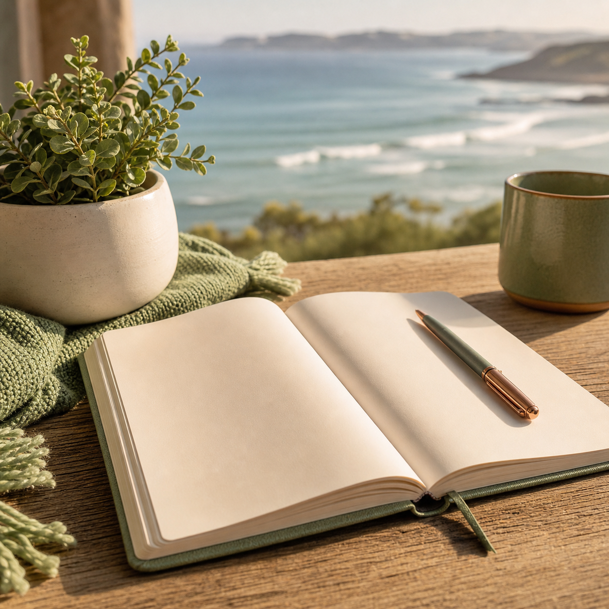 An open notebook and pen beside a plant with the Pacific Ocean beyond