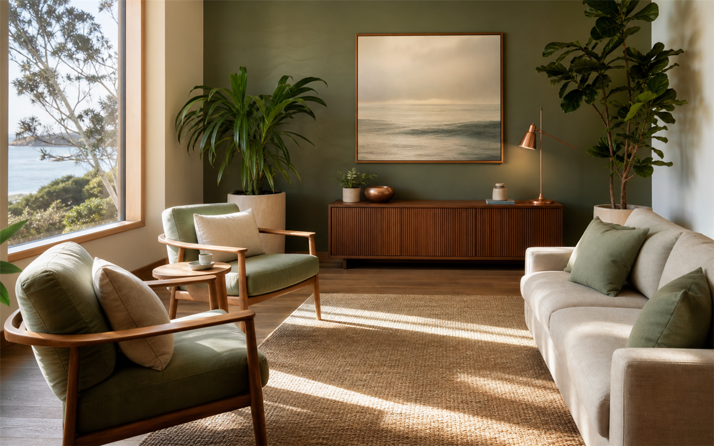 A quiet consultation room with natural wood, plants, and soft Pacific light