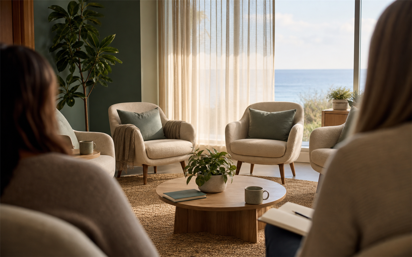 A warm circle of empty chairs in a sunlit clinical meeting room near the coast