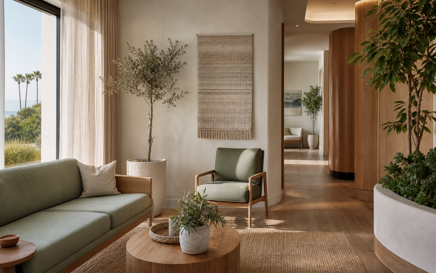 Morning light inside a calm coastal-modern lobby with sage-green seating