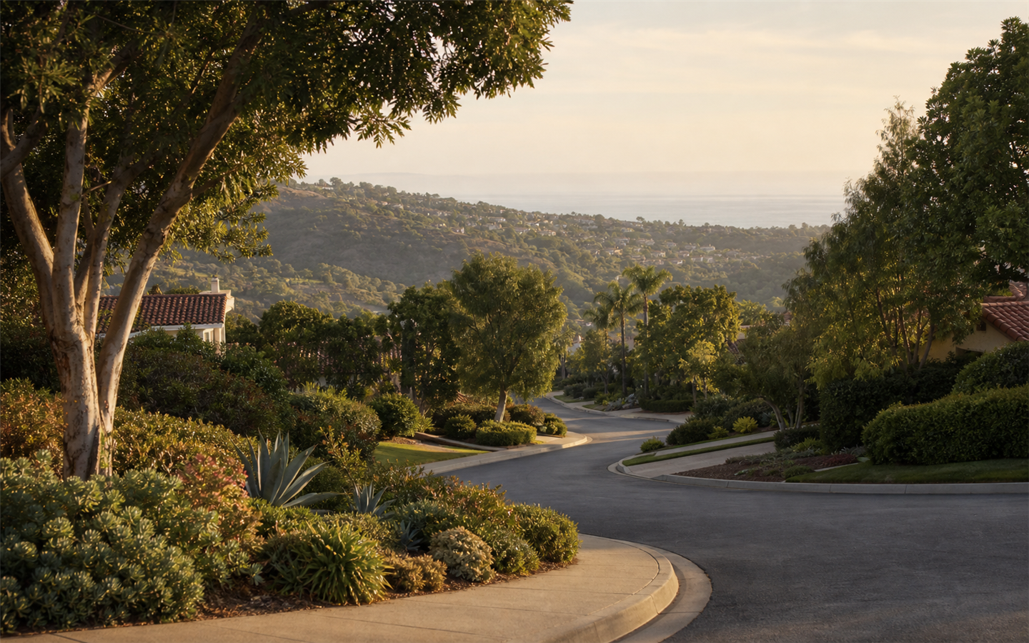 An original coastal California scene suggesting Laguna Hills’ rolling landscape and mature neighborhoods