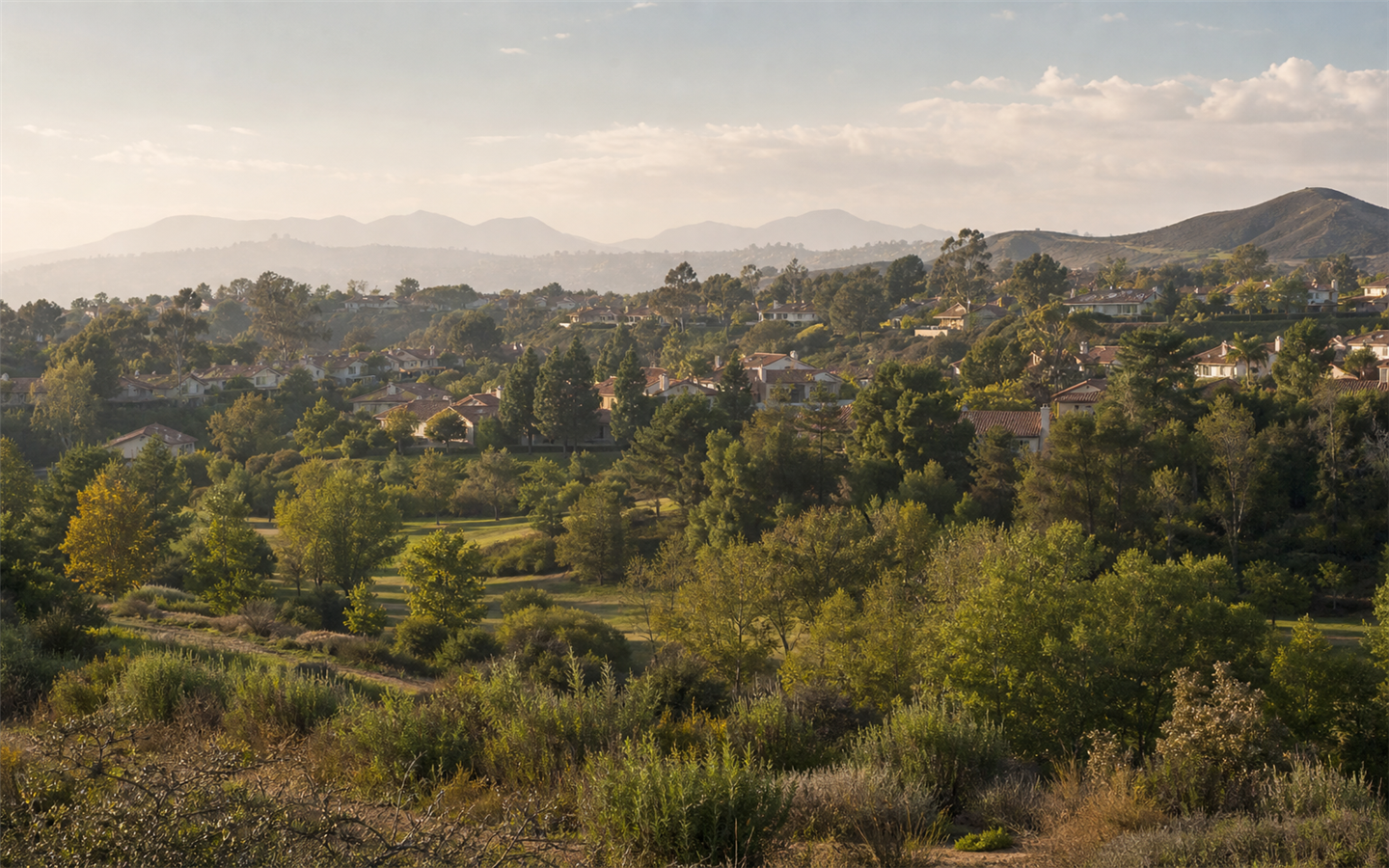 An original coastal California scene suggesting Mission Viejo’s family-oriented community setting
