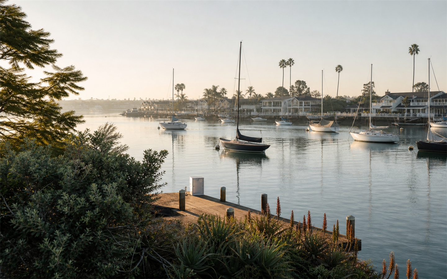 An original coastal California scene suggesting Newport Beach’s shoreline and harbor atmosphere