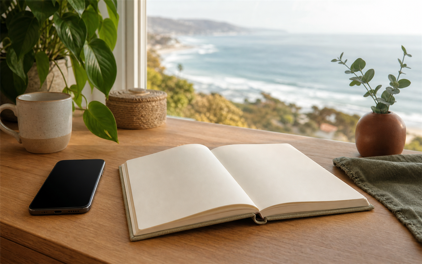 A phone and notebook on a tidy desk beside a window with ocean light