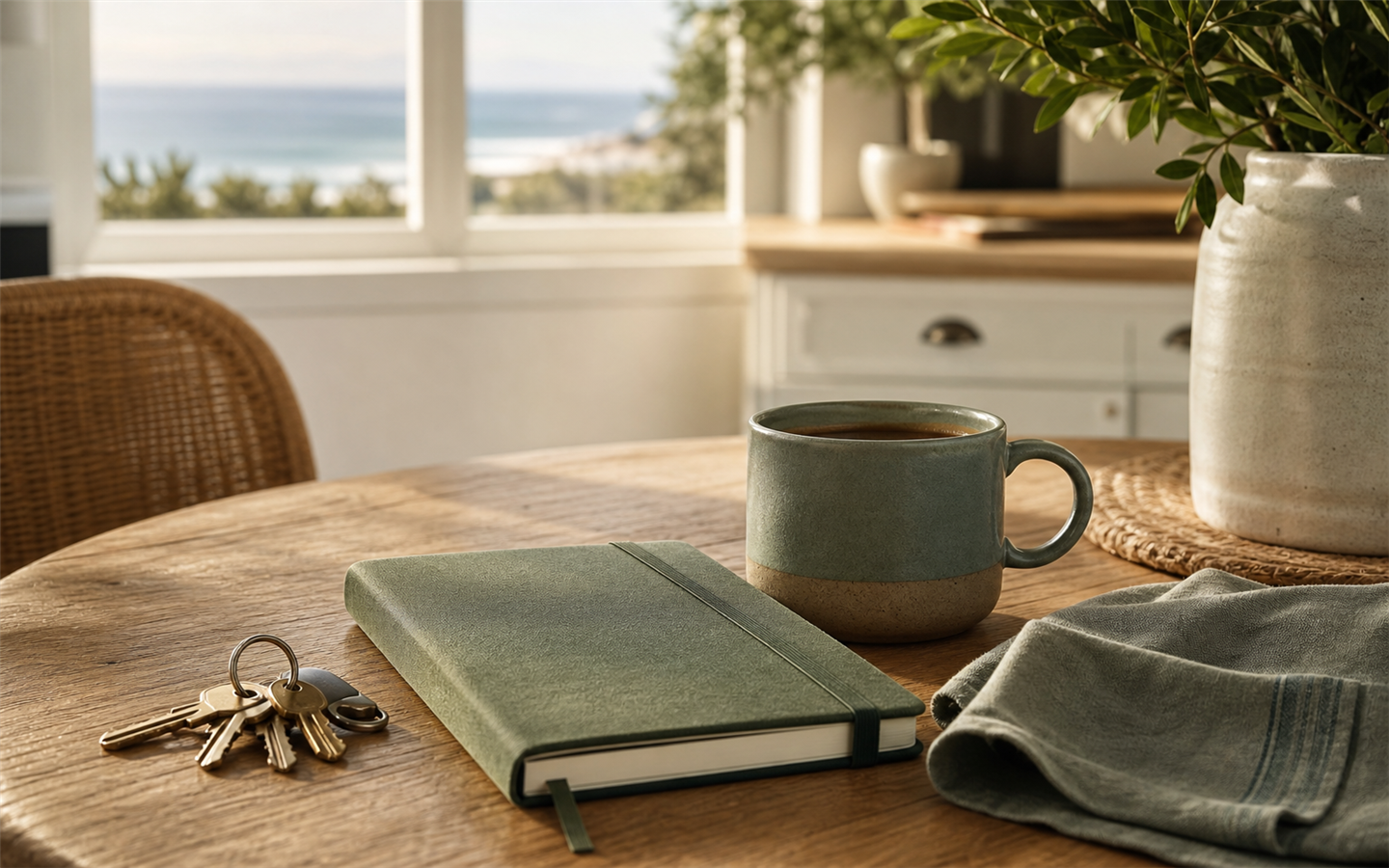 A journal and morning light on a table, balancing treatment with daily life