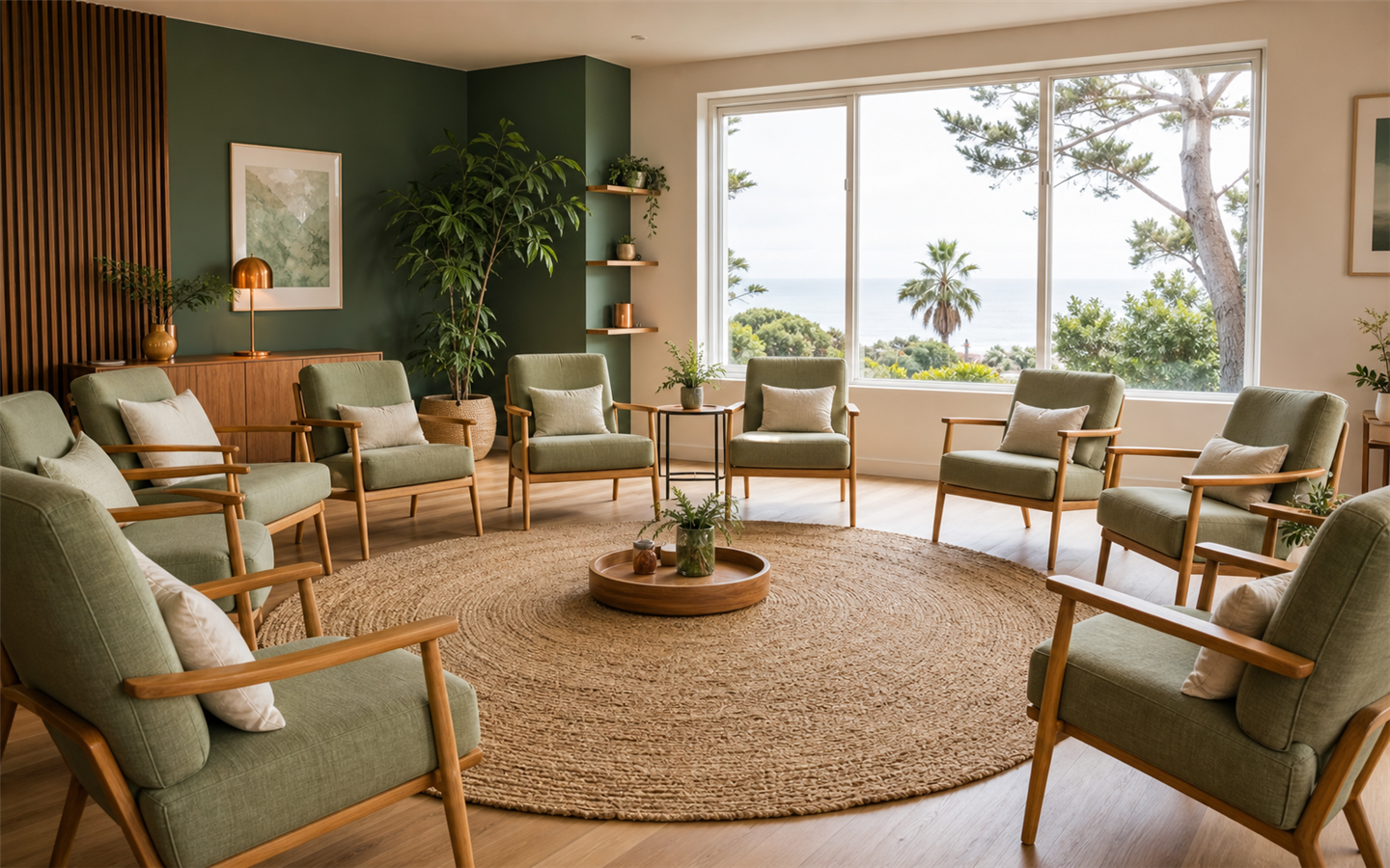 A bright group therapy room with chairs arranged in a supportive circle