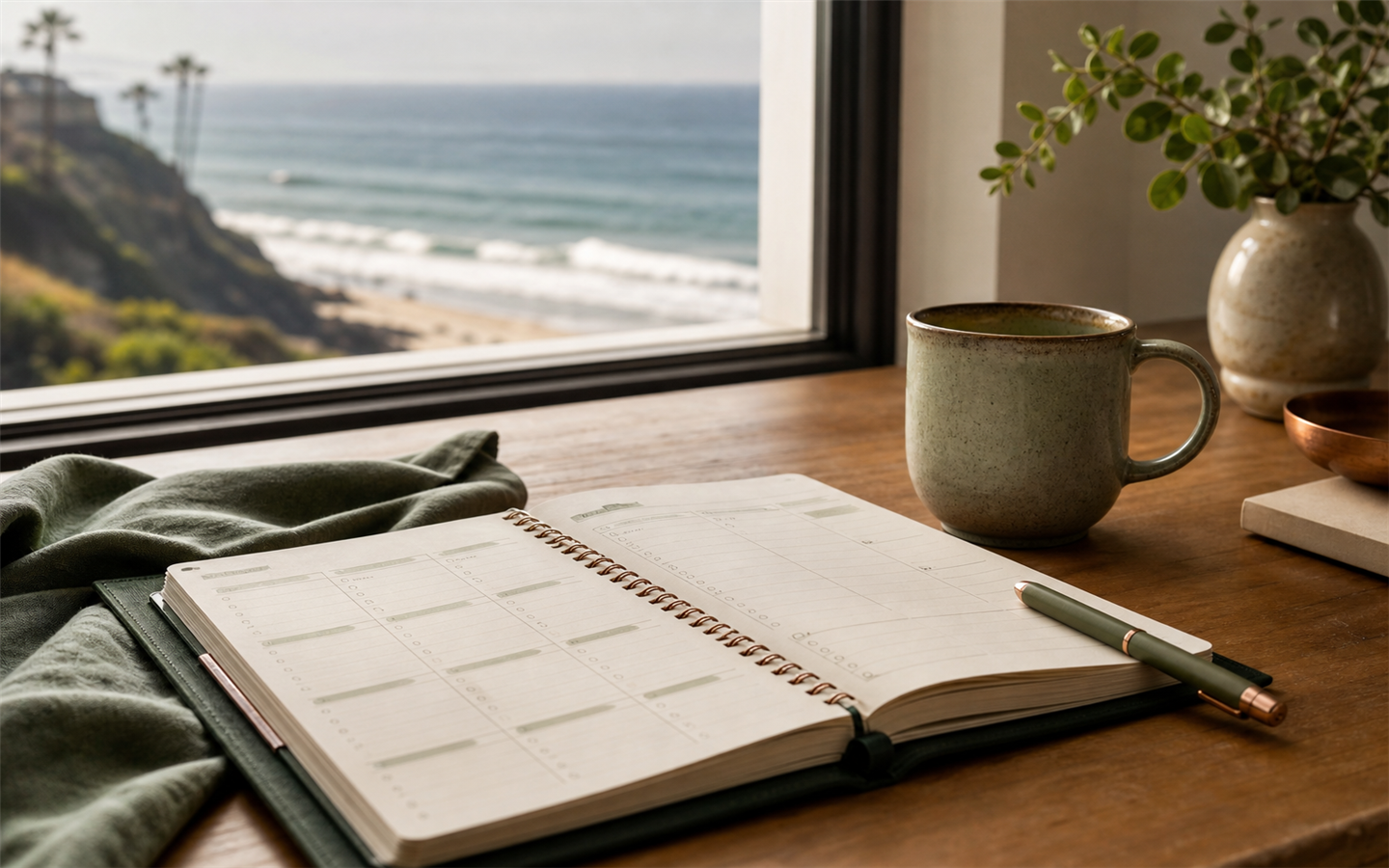 A structured daily planner and coffee beside a window overlooking the Pacific