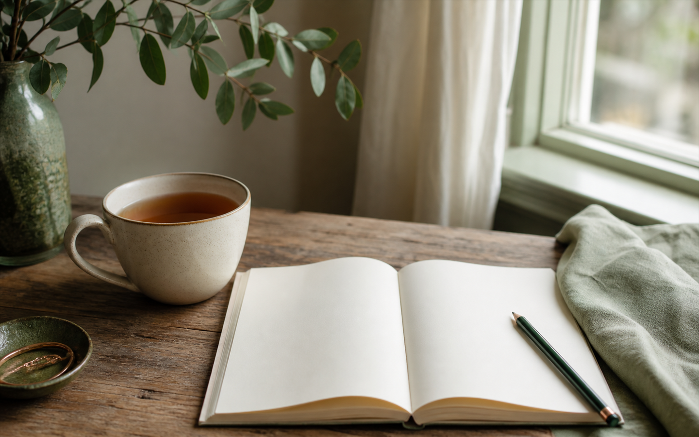 A slow, quiet morning table with tea and an open unhurried notebook