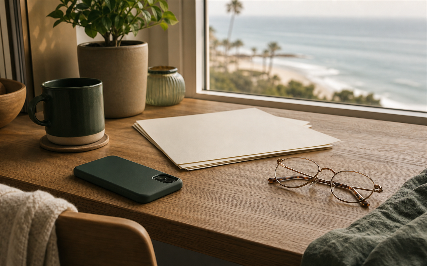 A calm workspace with a phone and insurance documents beside a coastal window