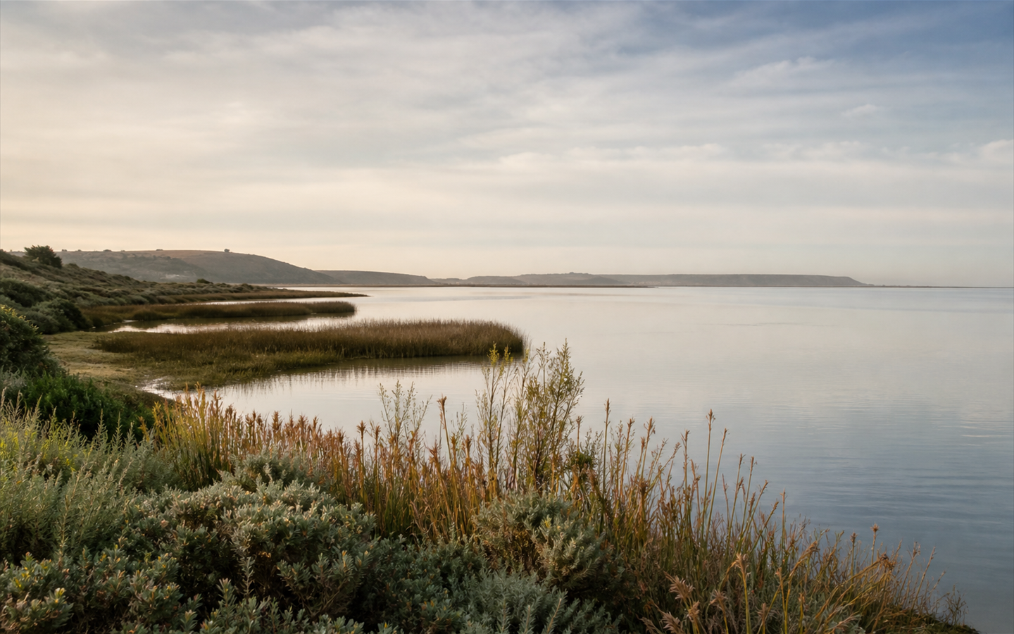 Still water and soft coastal grasses under a quiet morning sky