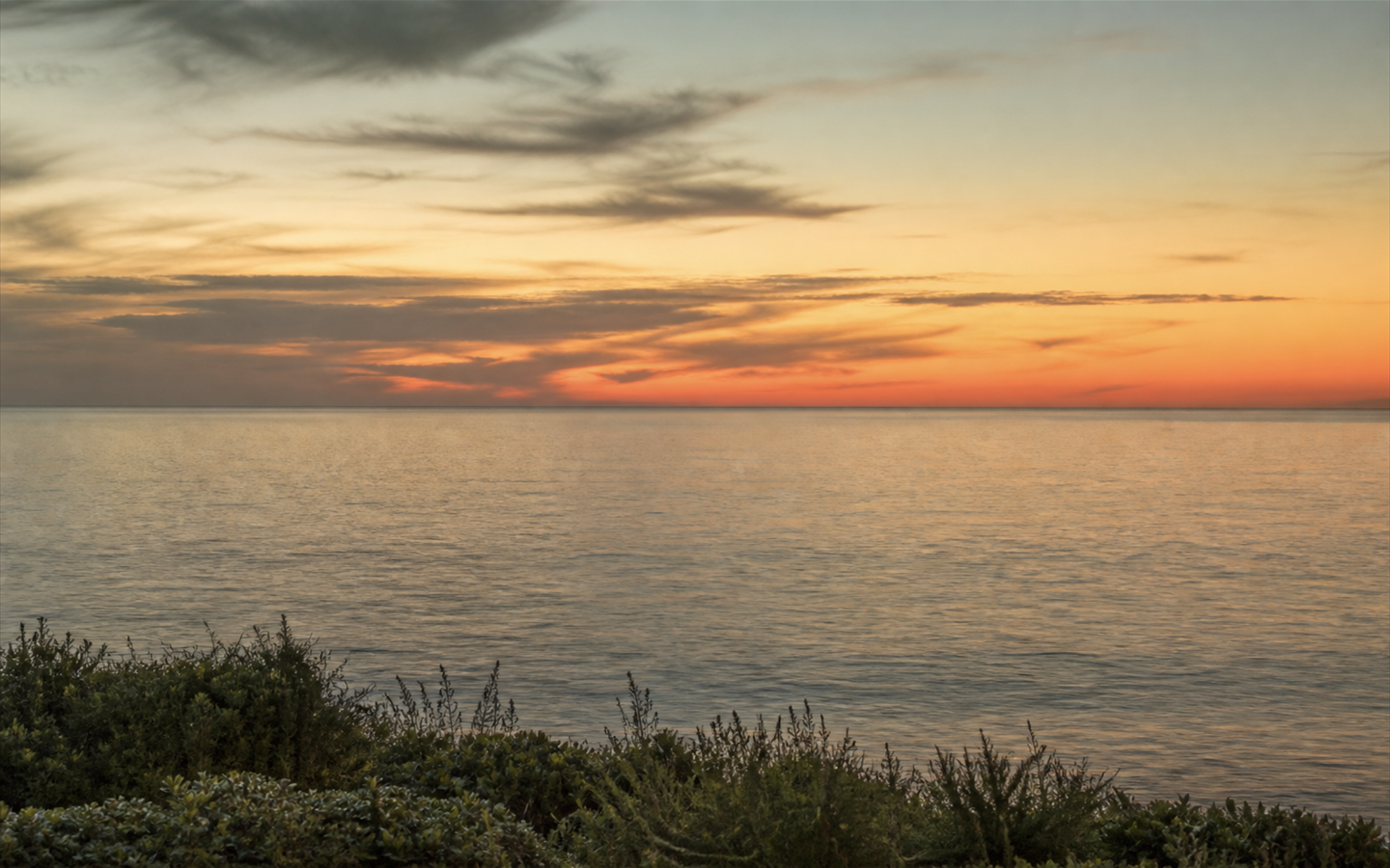 A balanced horizon line over calm Pacific water at dusk