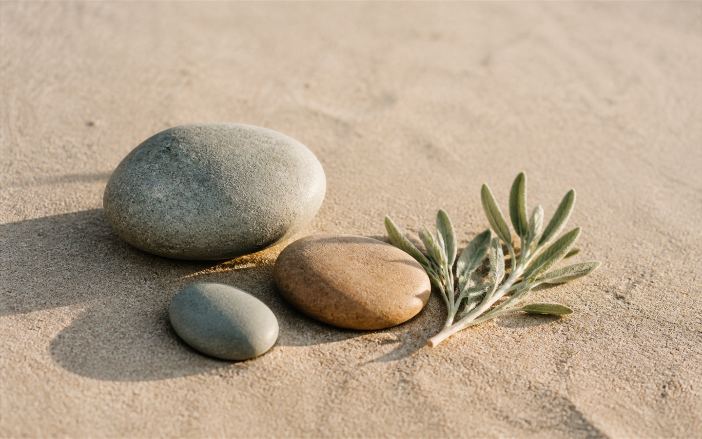 Smooth stones arranged simply beside coastal sage