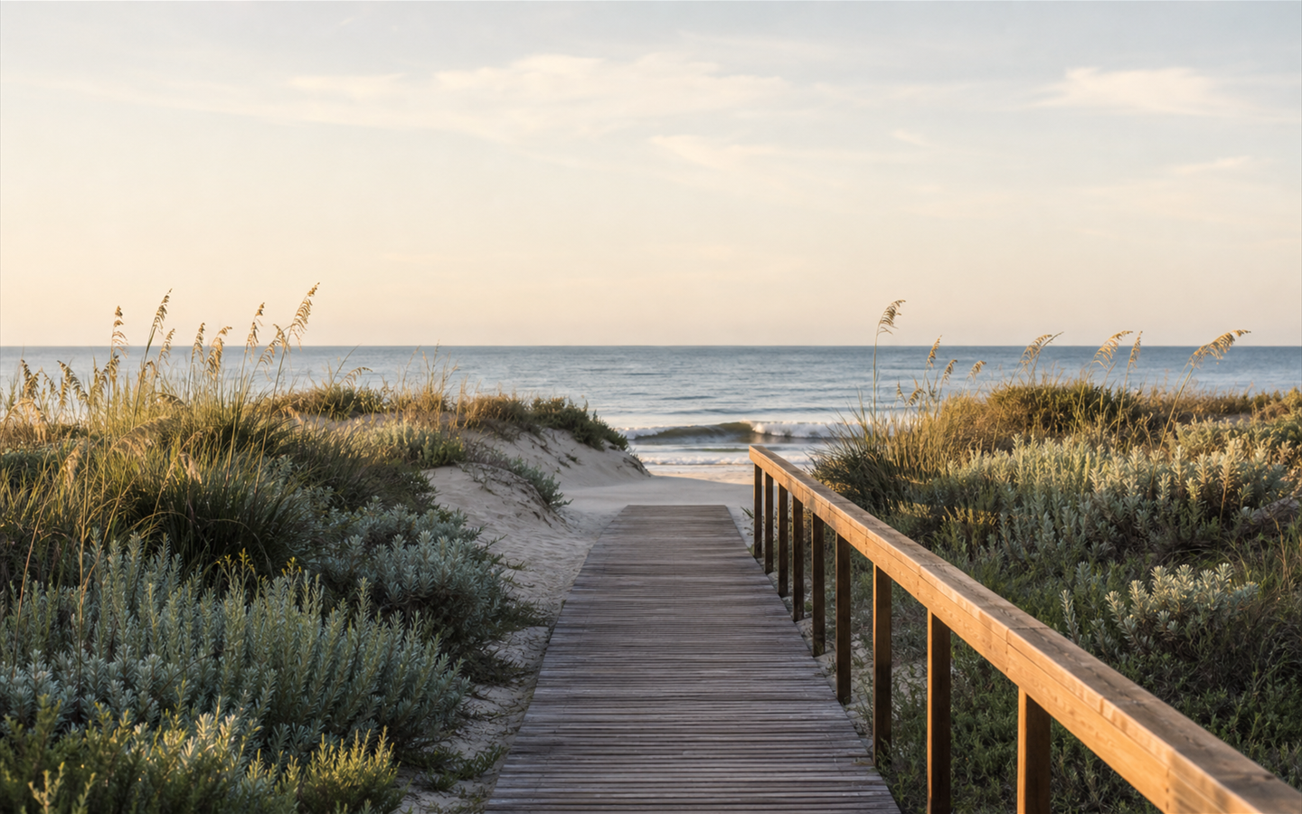 A steady boardwalk path leading through dunes toward open water