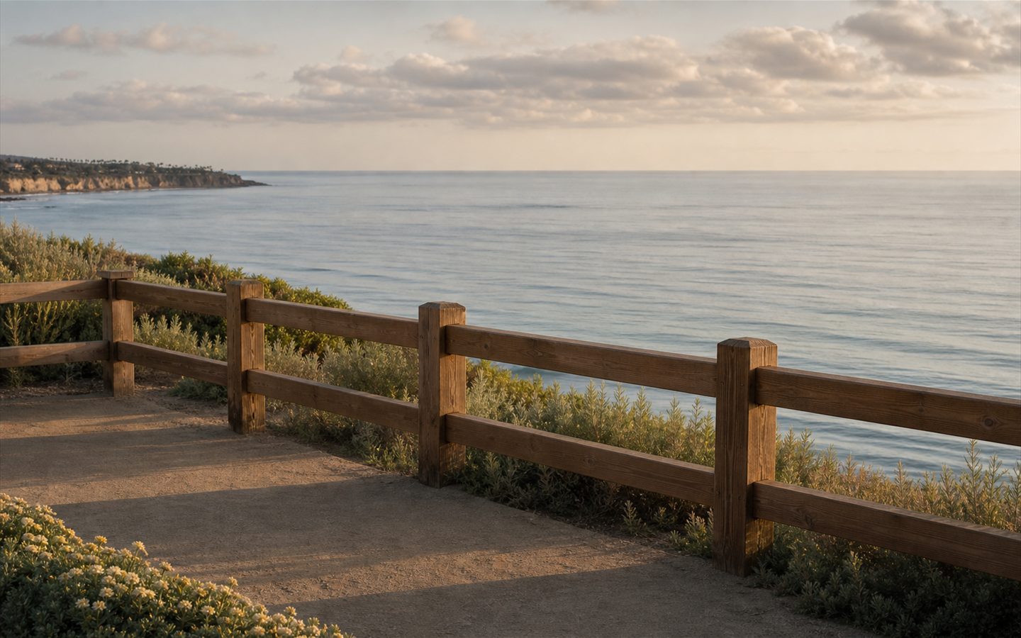 A protected coastal overlook with a sturdy rail and calm ocean beyond