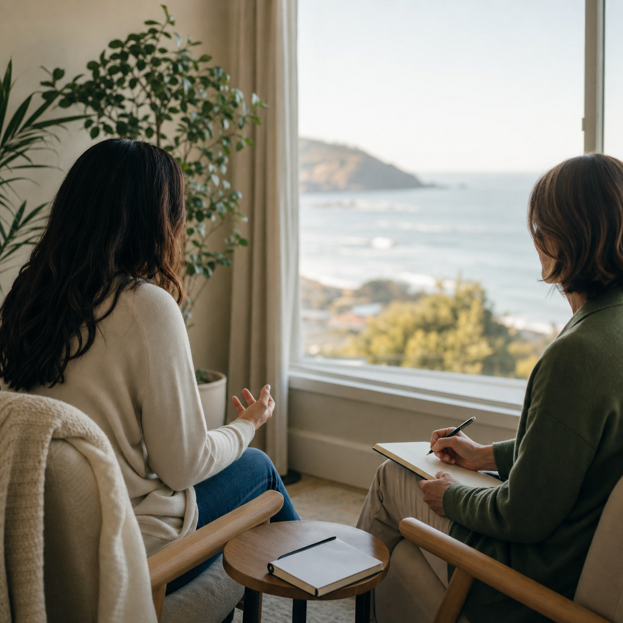 An adult client having a calm one-to-one therapy conversation beside the ocean