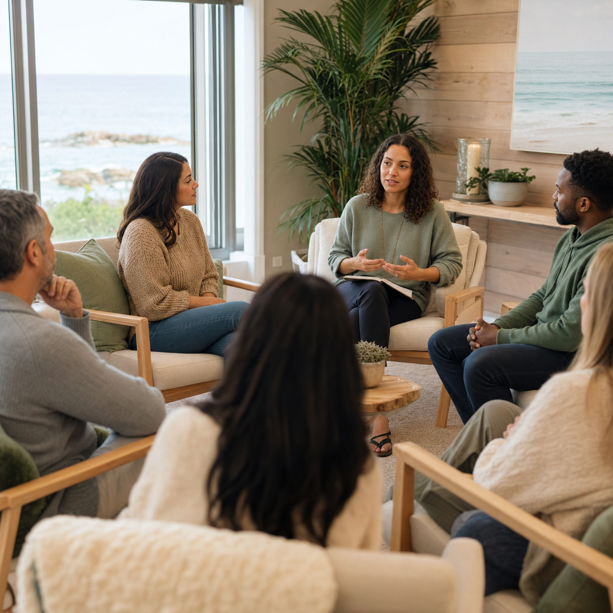 A diverse outpatient group session in a calm coastal wellness room