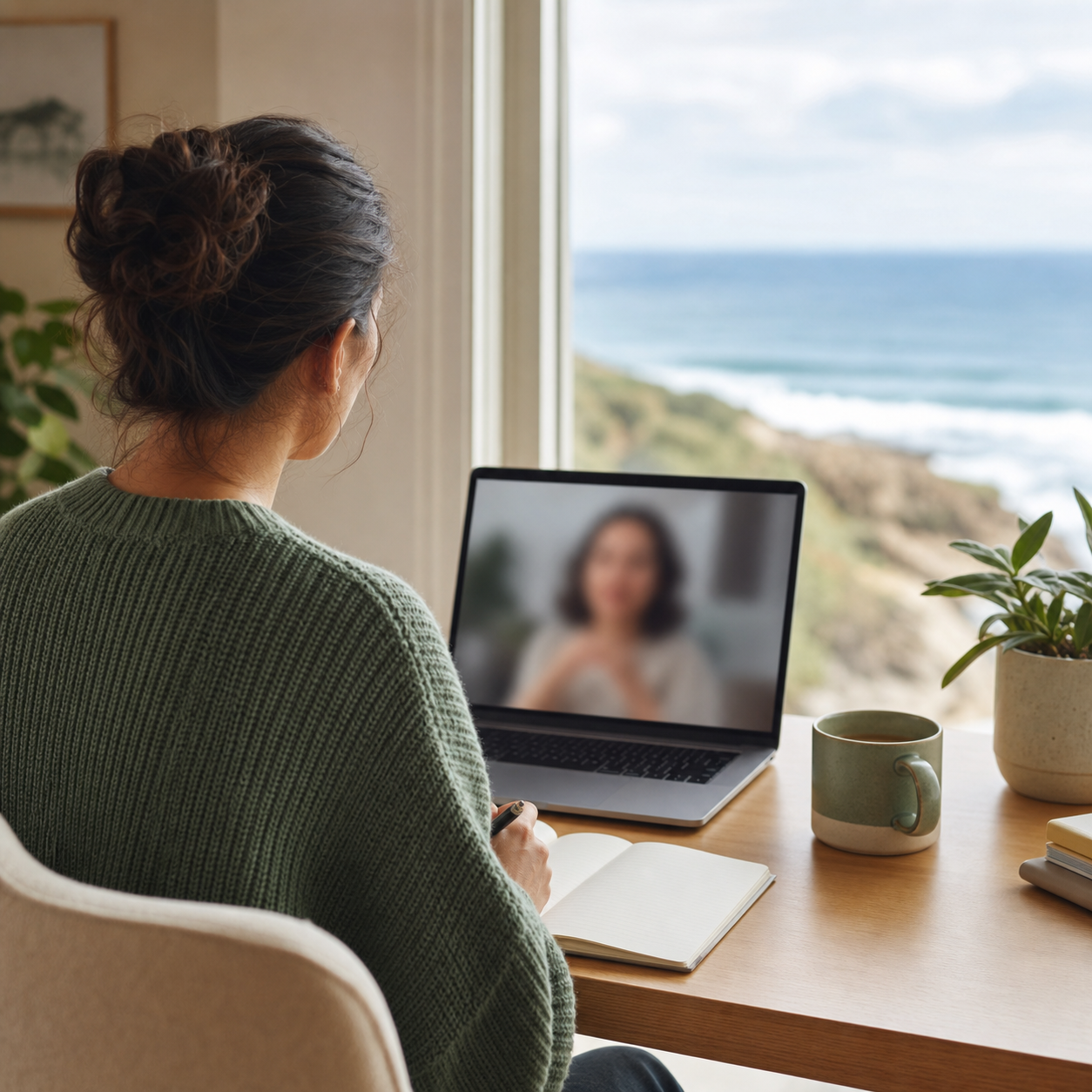An adult participating in a private telehealth session from a coastal home workspace