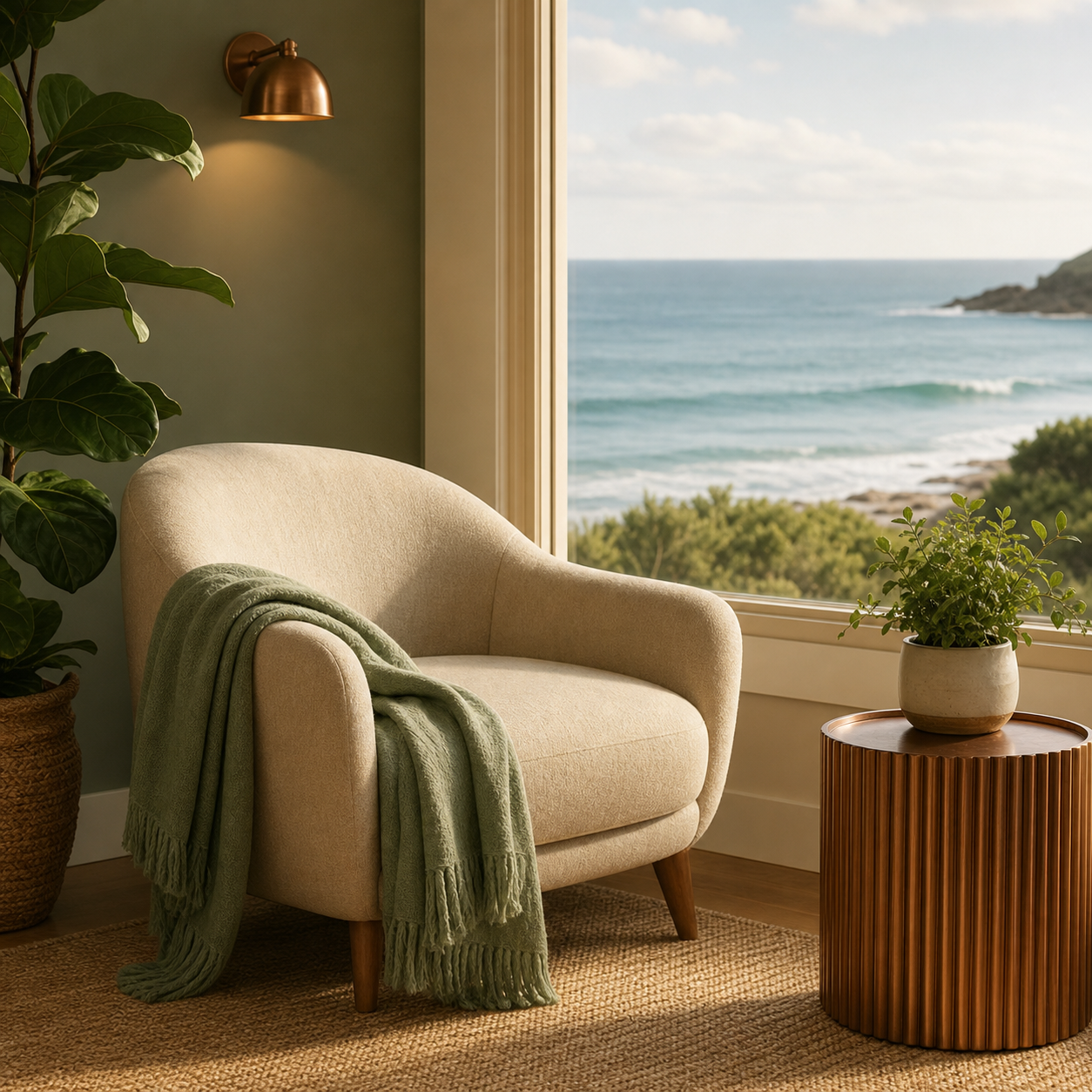 A comfortable chair and folded blanket in a calm room overlooking the ocean