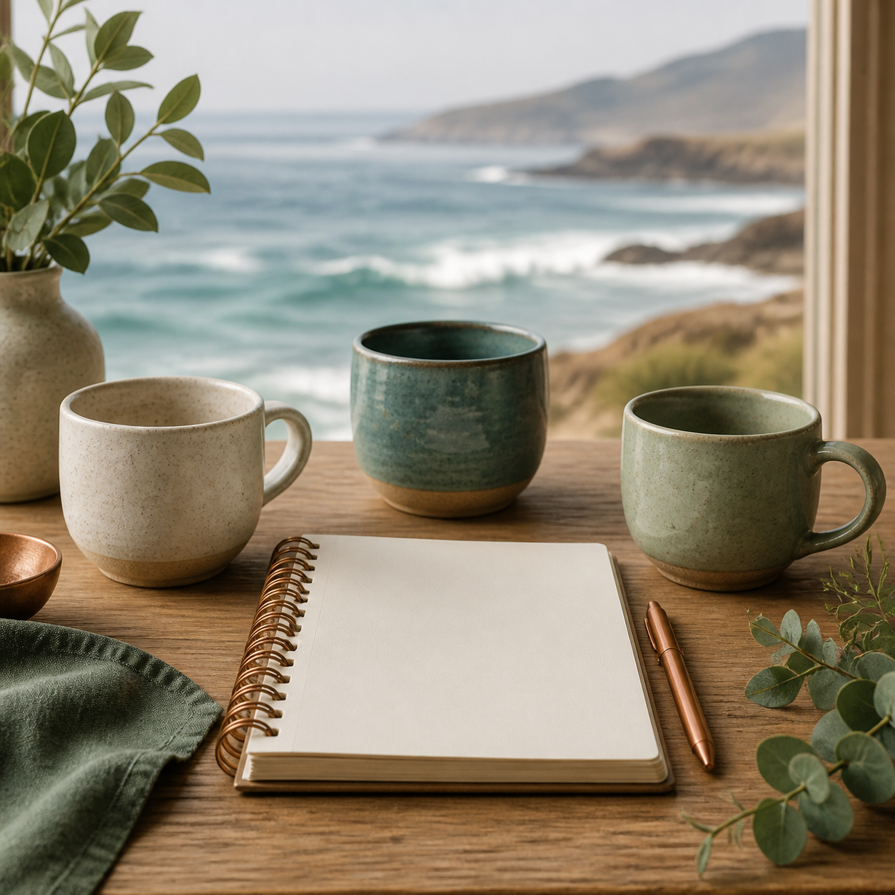 Three cups and a blank notebook gathered around a table near the coast
