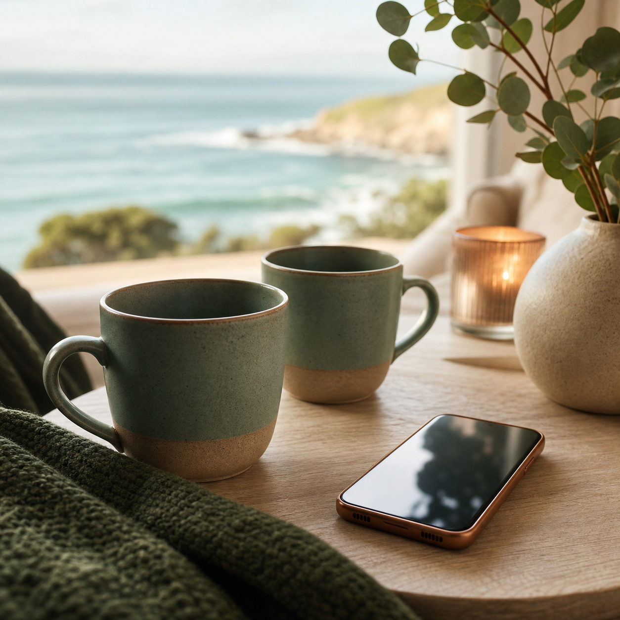 Two cups and a phone set on a table beside a bright ocean view